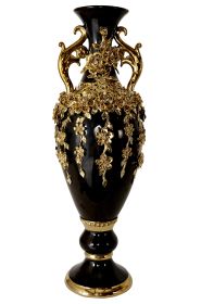 Black and Gold Floret Jeweled Stunning Vase 35 Inches Tall