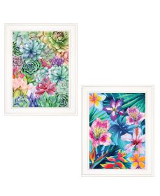 "Succulents Paradise & Tropical Flowers" 2-Piece Vignette by Stellar Design Studio, Ready to Hang Framed Print, White Frame