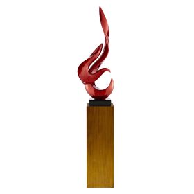 Metallic Red Flame Floor Sculpture With Stand, 65" Tall (Color: Wood)