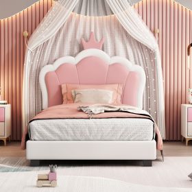 Upholstered Princess Twin Bed With Crown Headboard (Gray: White+Pink)