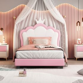 Upholstered Princess Twin Bed With Crown Headboard (Gray: Pink+White)