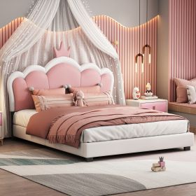 Full size Upholstered Princess Bed With Crown Headboard (Gray: White+Pink)