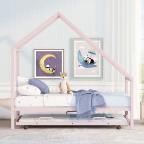 Metal House Bed With Trundle;  Twin Size House Bed (Gray: Pink)