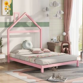 Full Size Wood Platform Bed with House-shaped Headboard (Gray: Pink)