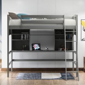 Twin size Loft Bed with Storage Shelves;  Desk and Ladder (Gray: Gray)