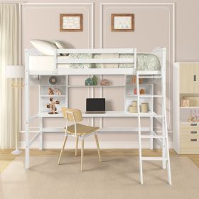 Twin size Loft Bed with Storage Shelves;  Desk and Ladder (Gray: White)