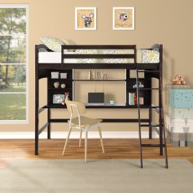 Twin size Loft Bed with Storage Shelves;  Desk and Ladder (Gray: Espresso)