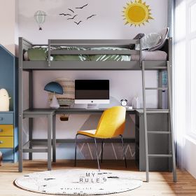 Twin size Loft Bed with Shelves and Desk;  Wooden Loft Bed with Desk (Gray: Gray)