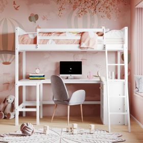 Twin size Loft Bed with Shelves and Desk;  Wooden Loft Bed with Desk (Gray: White)