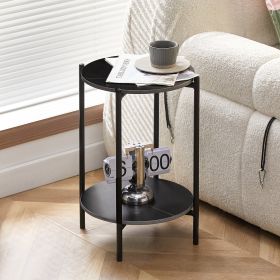 2-layer End Table with Tempered Glass and Marble Tabletop (Gray: Black+Black+Marble)