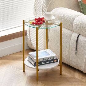 2-layer End Table with Tempered Glass and Marble Tabletop (Gray: White+Golden+Glass)