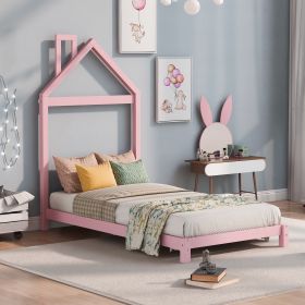 Twin Size Wood Platform Bed with House-shaped Headboard (Gray: Pink)