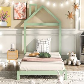 Twin Size Wood Platform Bed with House-shaped Headboard (Gray: Green)