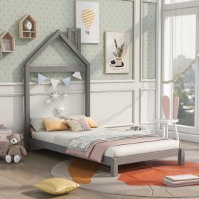 Twin Size Wood Platform Bed with House-shaped Headboard (Gray: Gray)