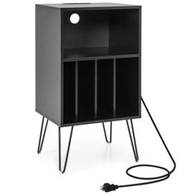 Record Player Stand with Charging Station for Living Room Bedroom (Gray: Black)