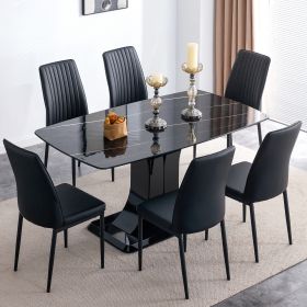 Faux Marble Dining Table Set (Material: MDF+glass, Gray: Black)